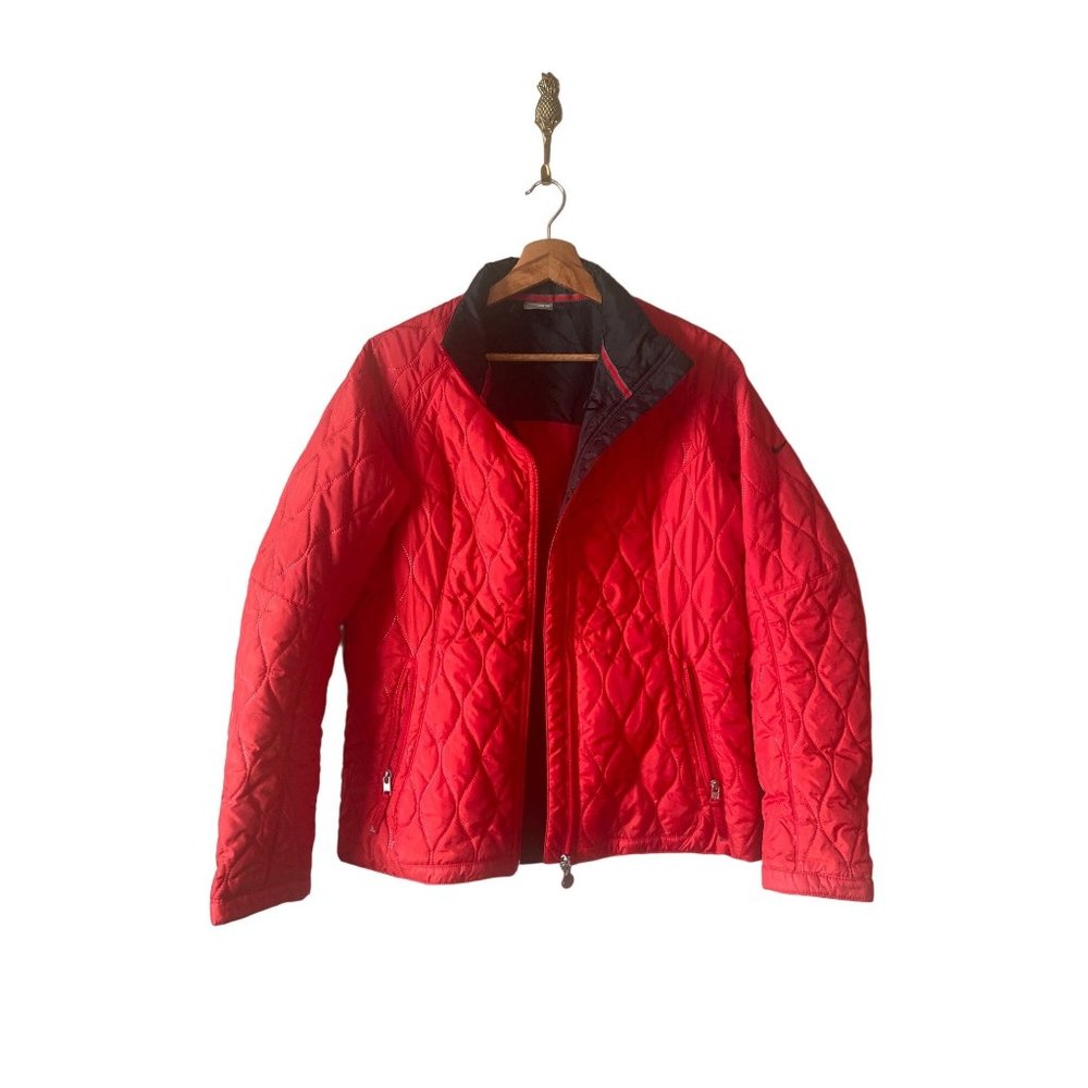Nike Quilted Full Zip Winter Puffer Jacket Red Phone Holder Pockets Womens Sz. L